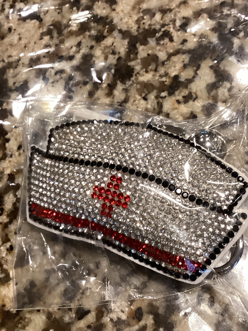 Rhinestone Nurse Cap Keychain - Silver and Red